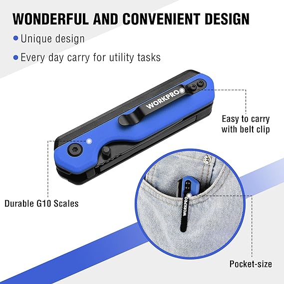 WORKPRO 2-in-1 folding knife with blue G10 handle and belt clip, pocket-size.