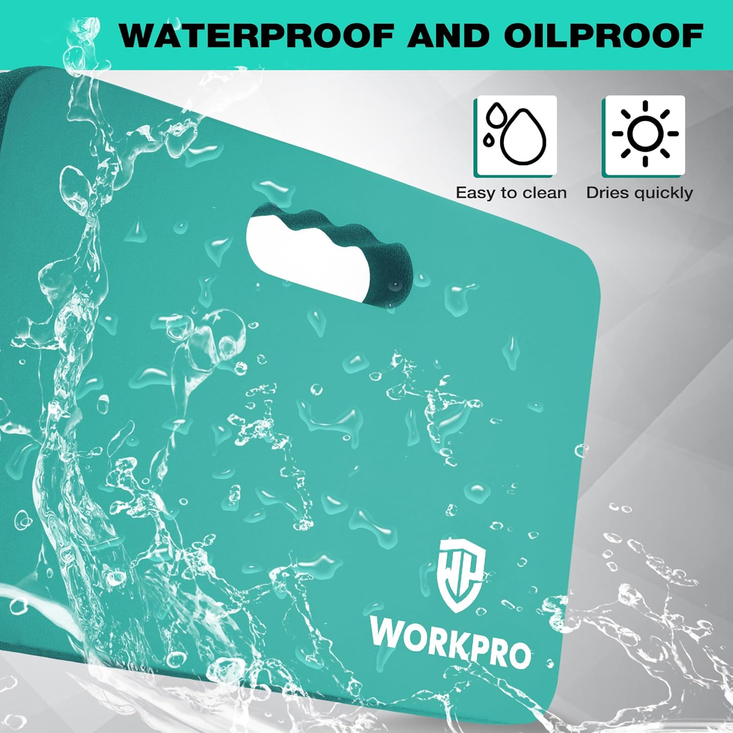 Teal kneeling pad shown with waterproof and oilproof feature graphics.