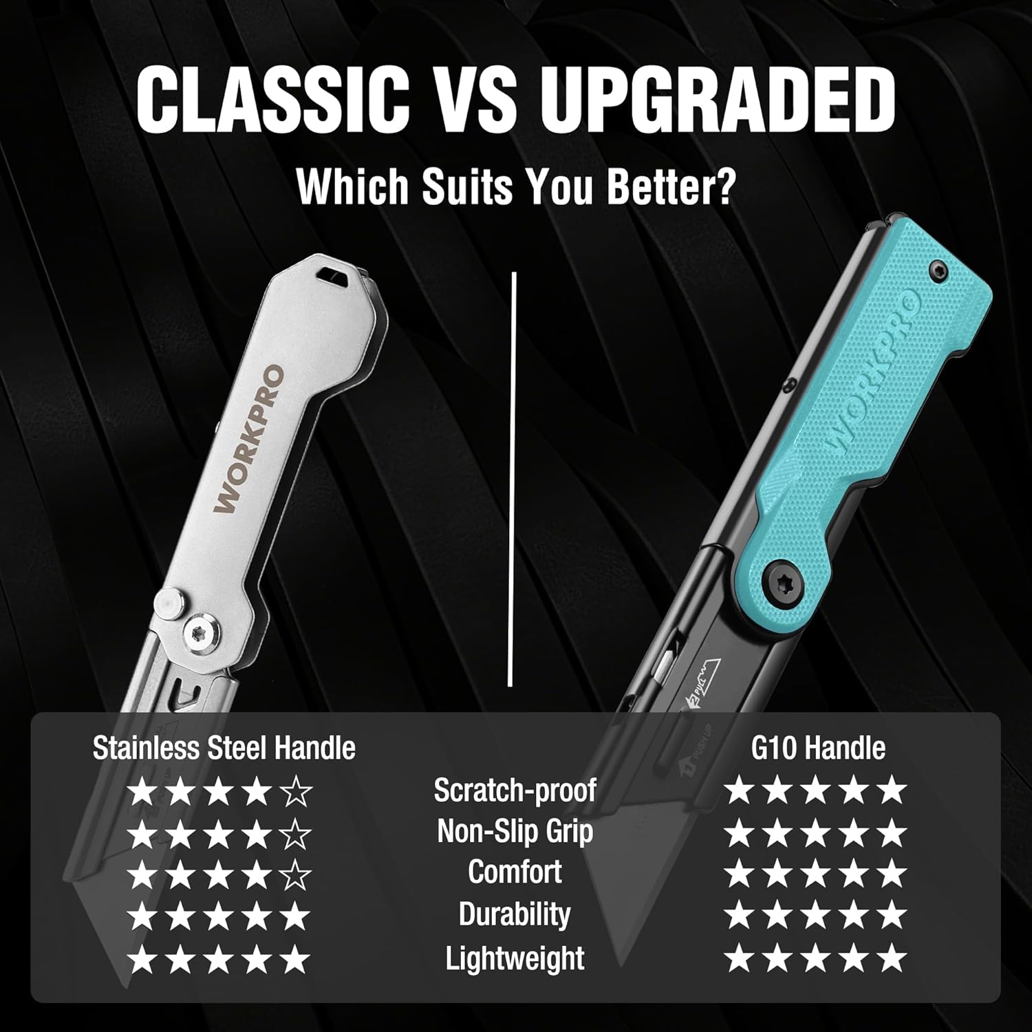 Blue and black folding utility knife with G10-style handle, closed for storage