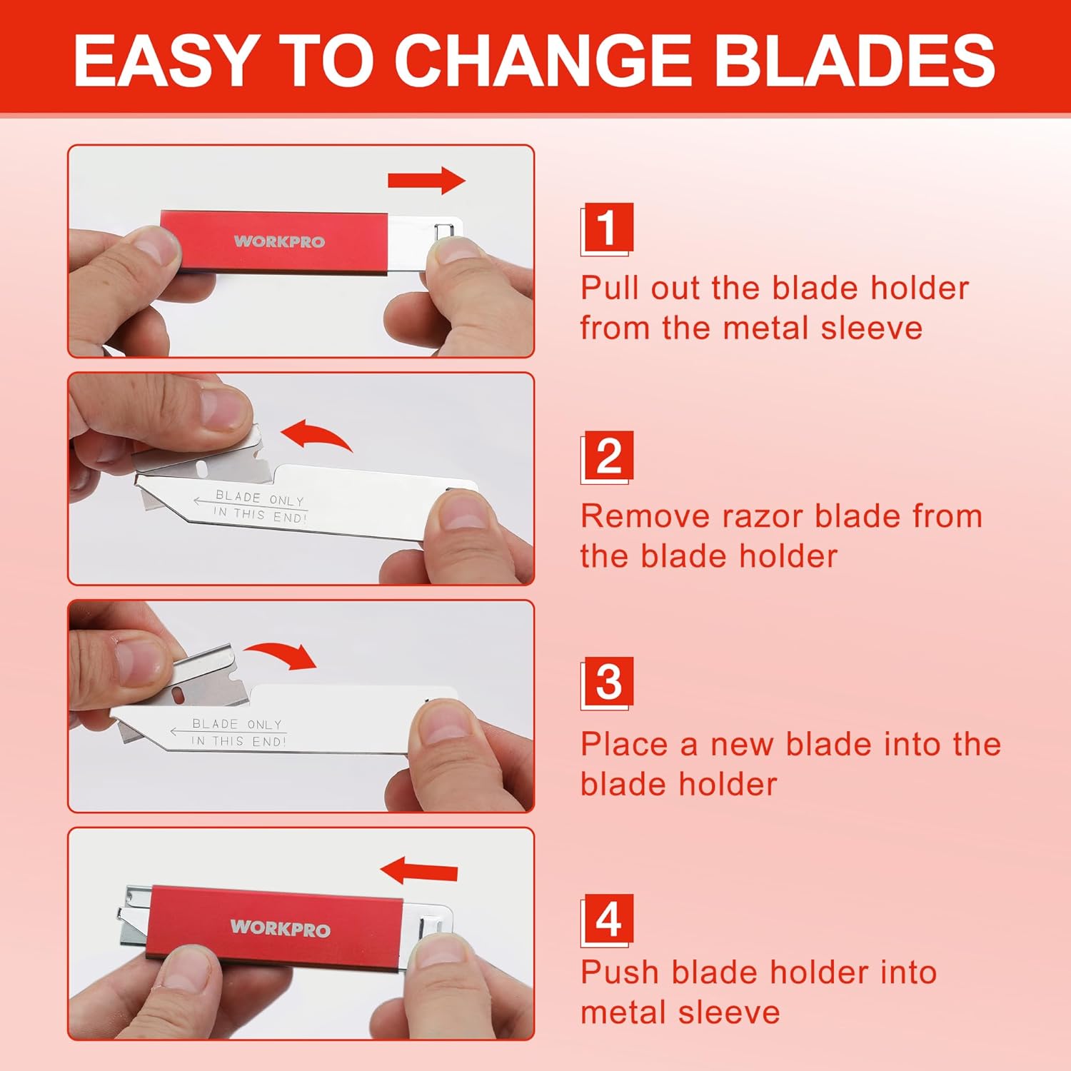 WORKPRO blade change mechanism steps showing pulling blade holder from metal sleeve