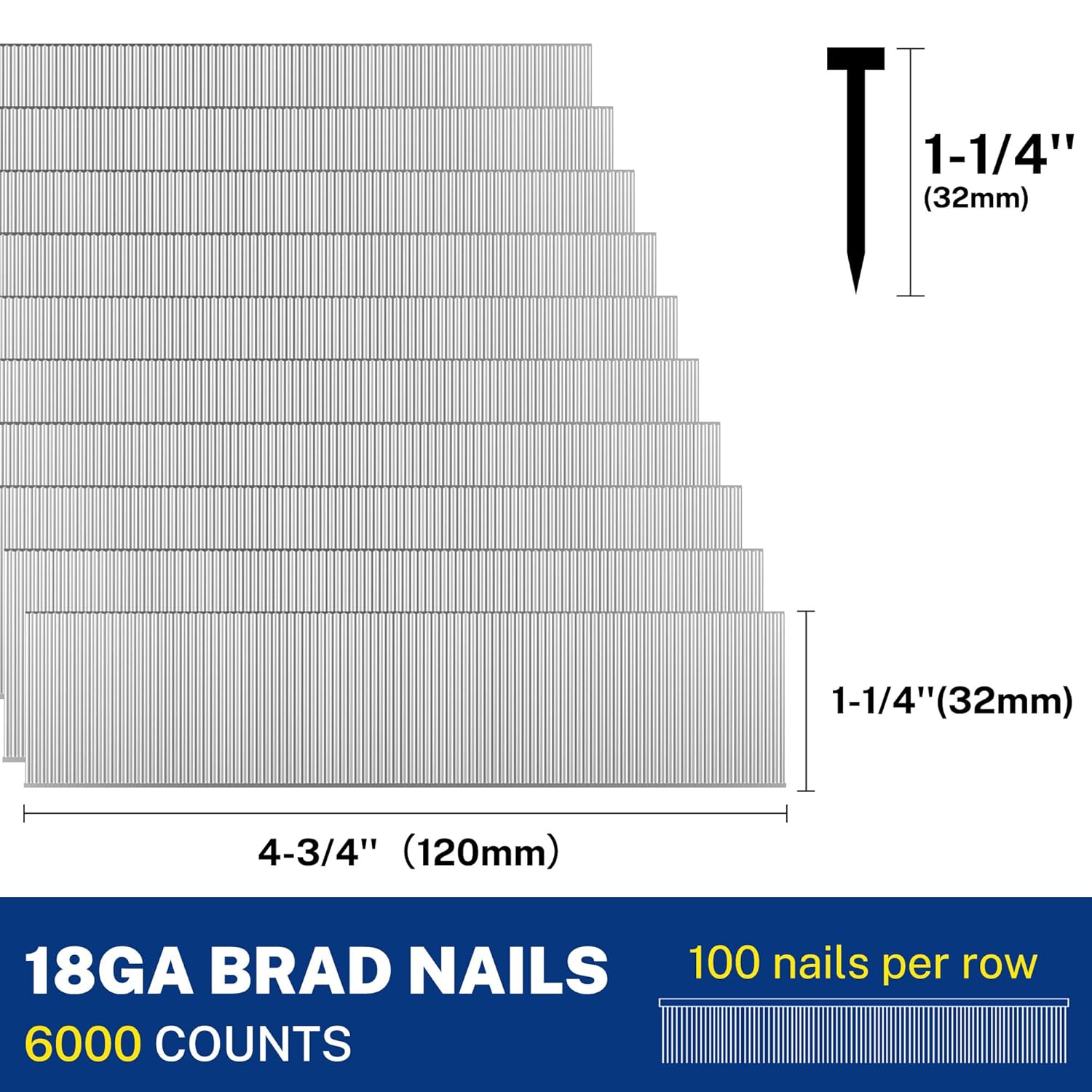 1-1/4 in (32mm) 18 gauge brad nails laid in stacked rows, light gray metal