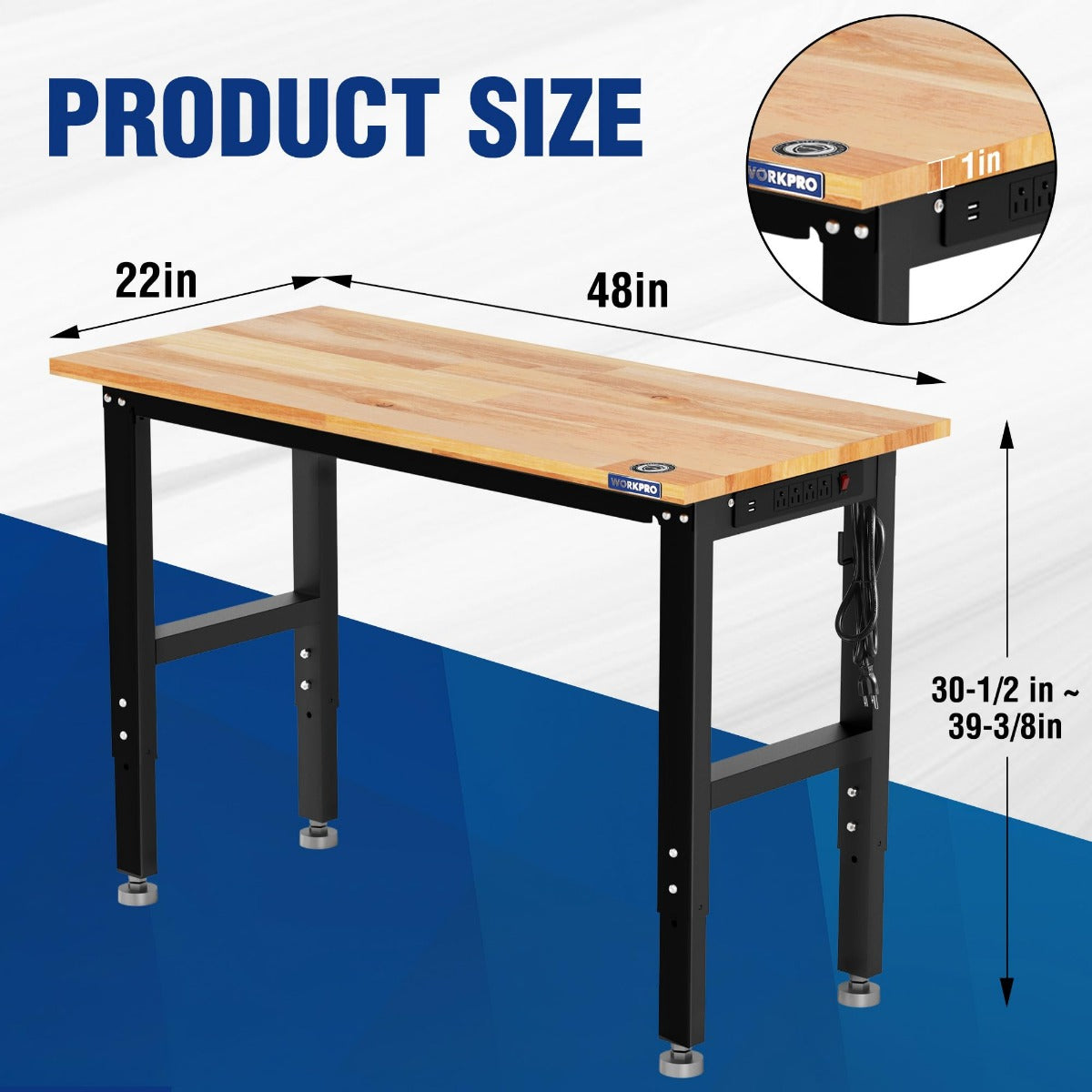 Adjustable hardwood workbench, 48 in x 22 in top size and height range