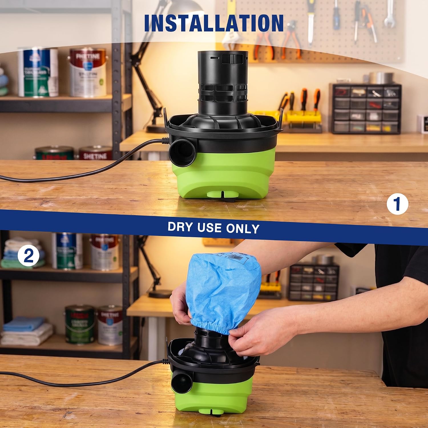 Blue non-woven filter bag installing onto a vacuum canister inlet