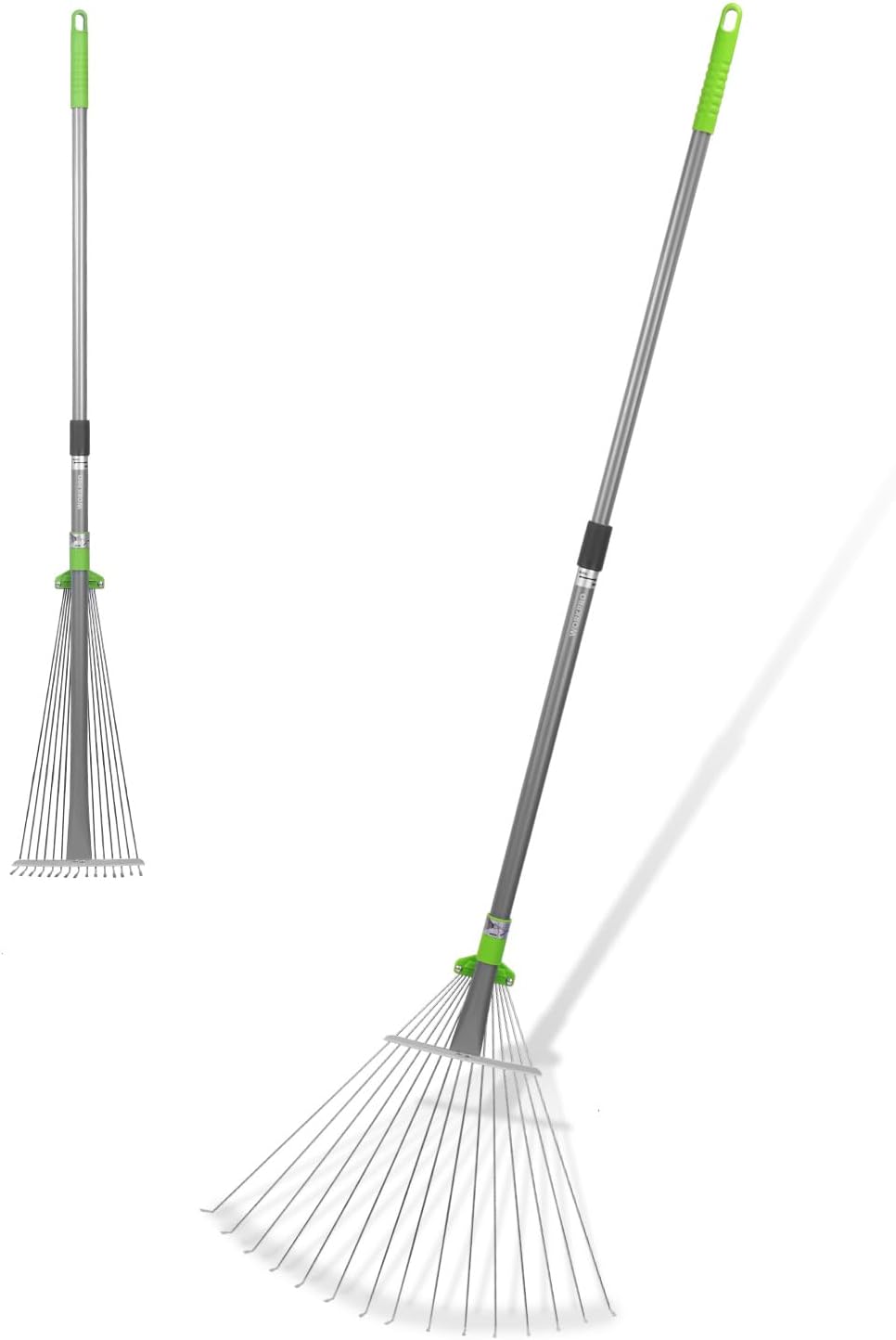 Adjustable garden leaf rake with telescopic pole, green grip, and steel fan tines
