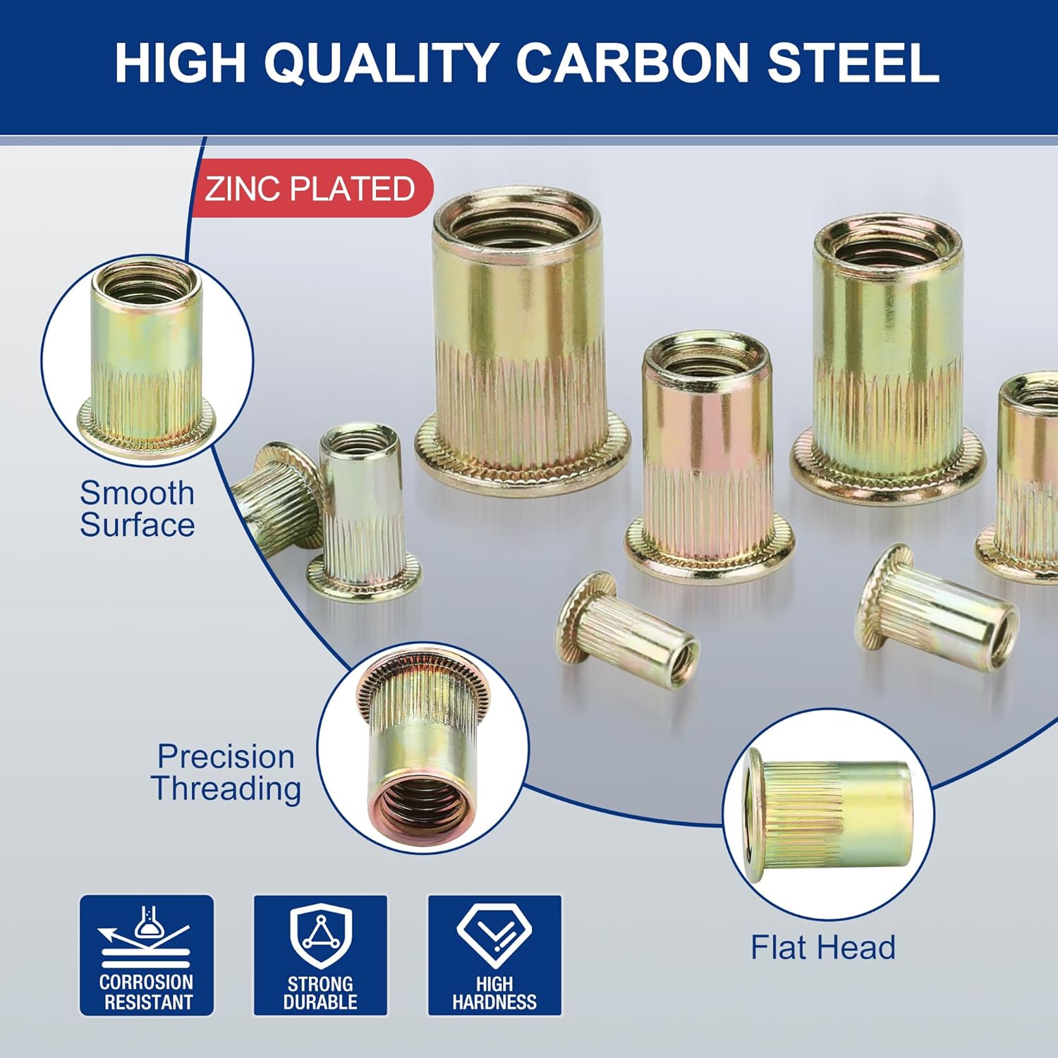 Zinc-plated steel flat-head rivet nuts with internal threads, knurled exterior