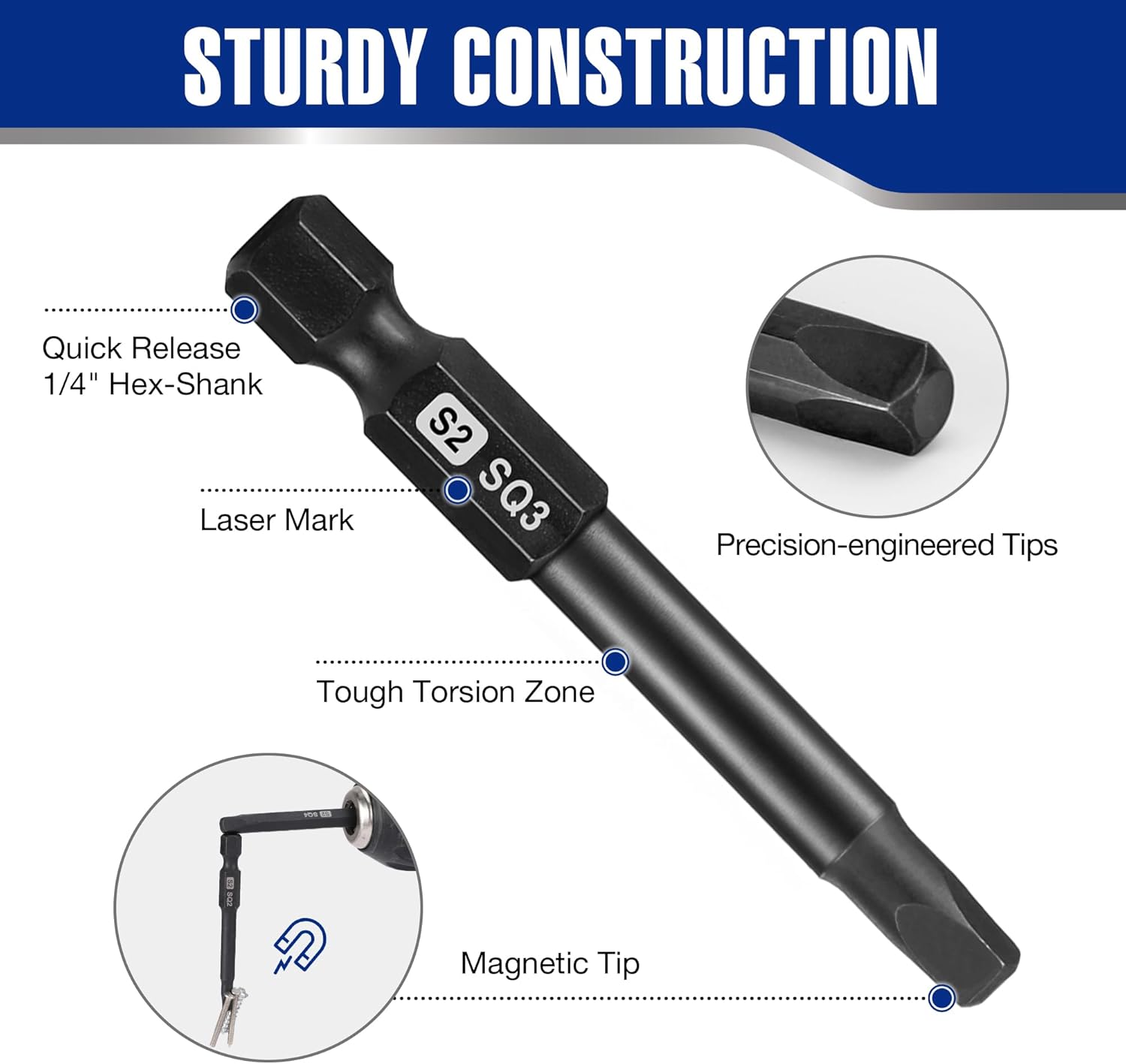 Magnetic square screwdriver bit with 1/4 in hex shank and laser-marked tip