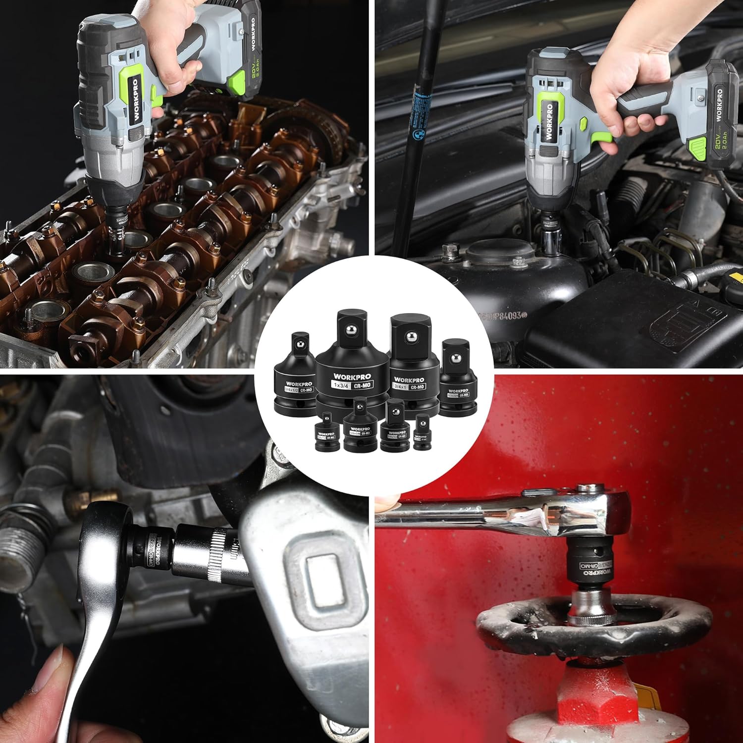 Compact set of black impact socket adapters and reducers