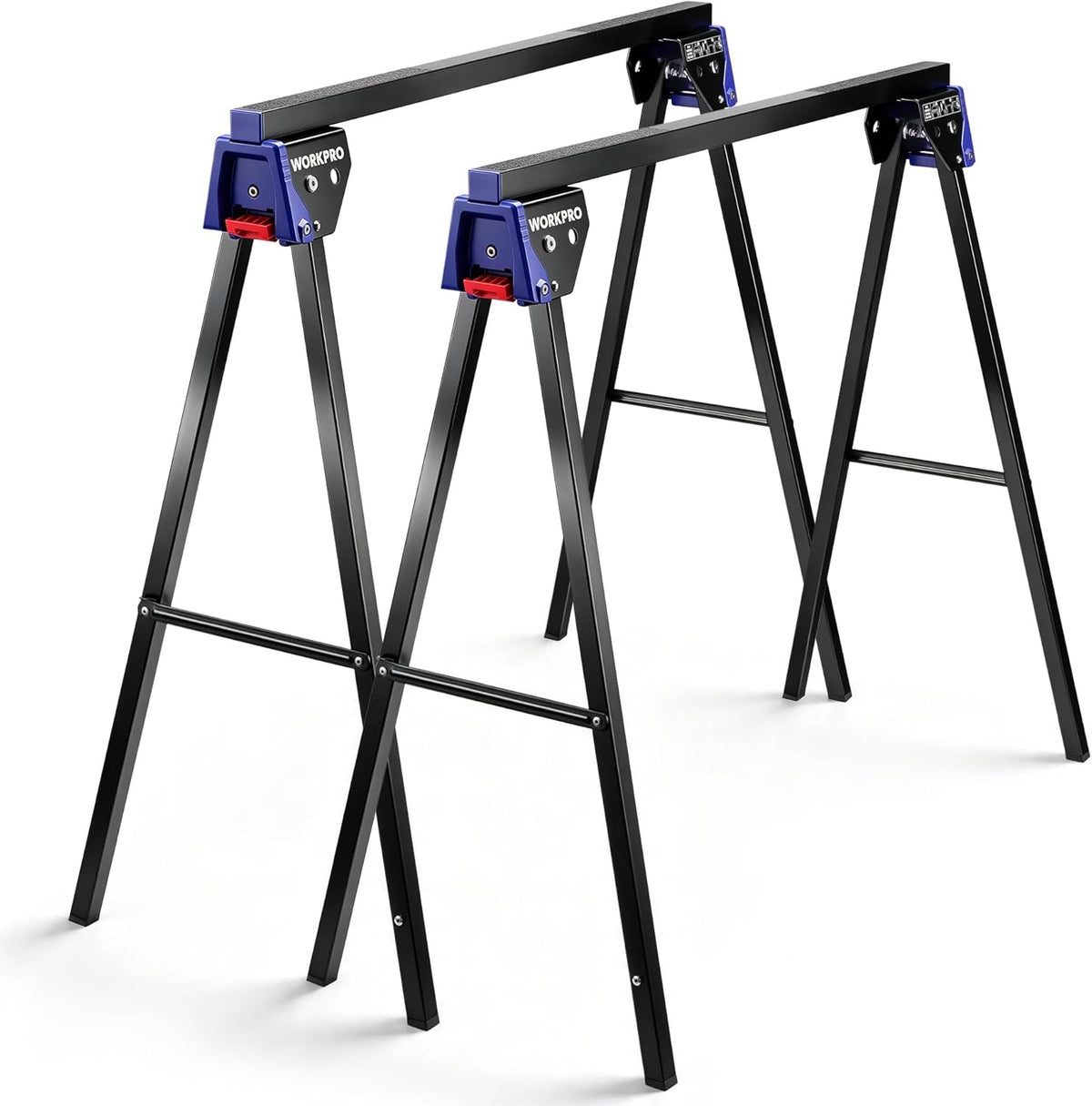 Pair of folding saw horses with black frames and blue clamp ends, angled view