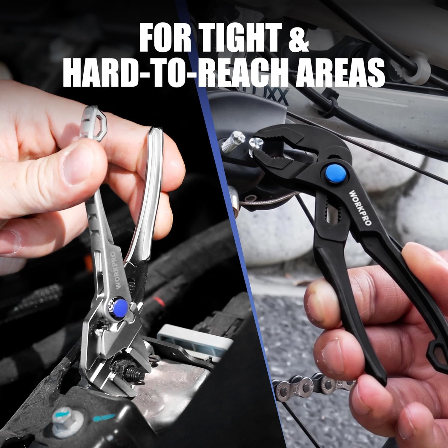 Compact mini pliers for tight spaces, silver jaws with black frame and blue pivot