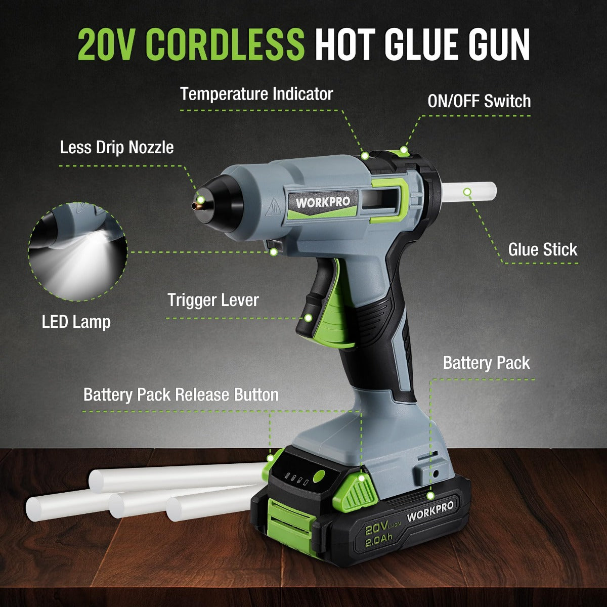 WORKPRO 20V cordless hot glue gun with temperature display and LED lamp