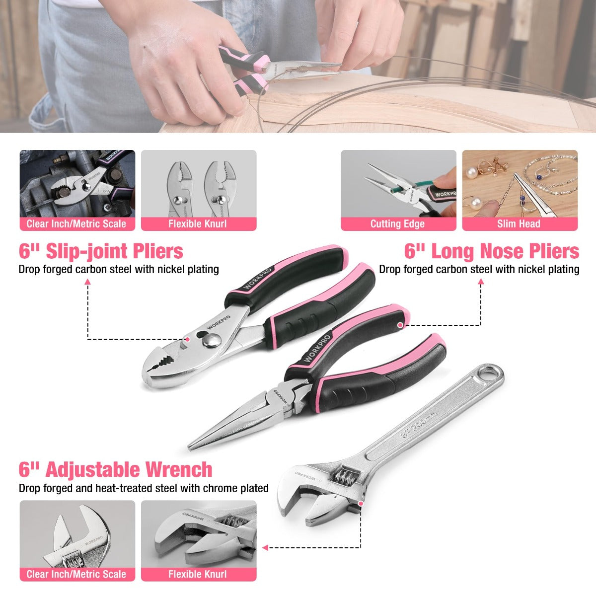 Pink-and-black pliers, adjustable wrench, and slip-joint tools with metal jaws