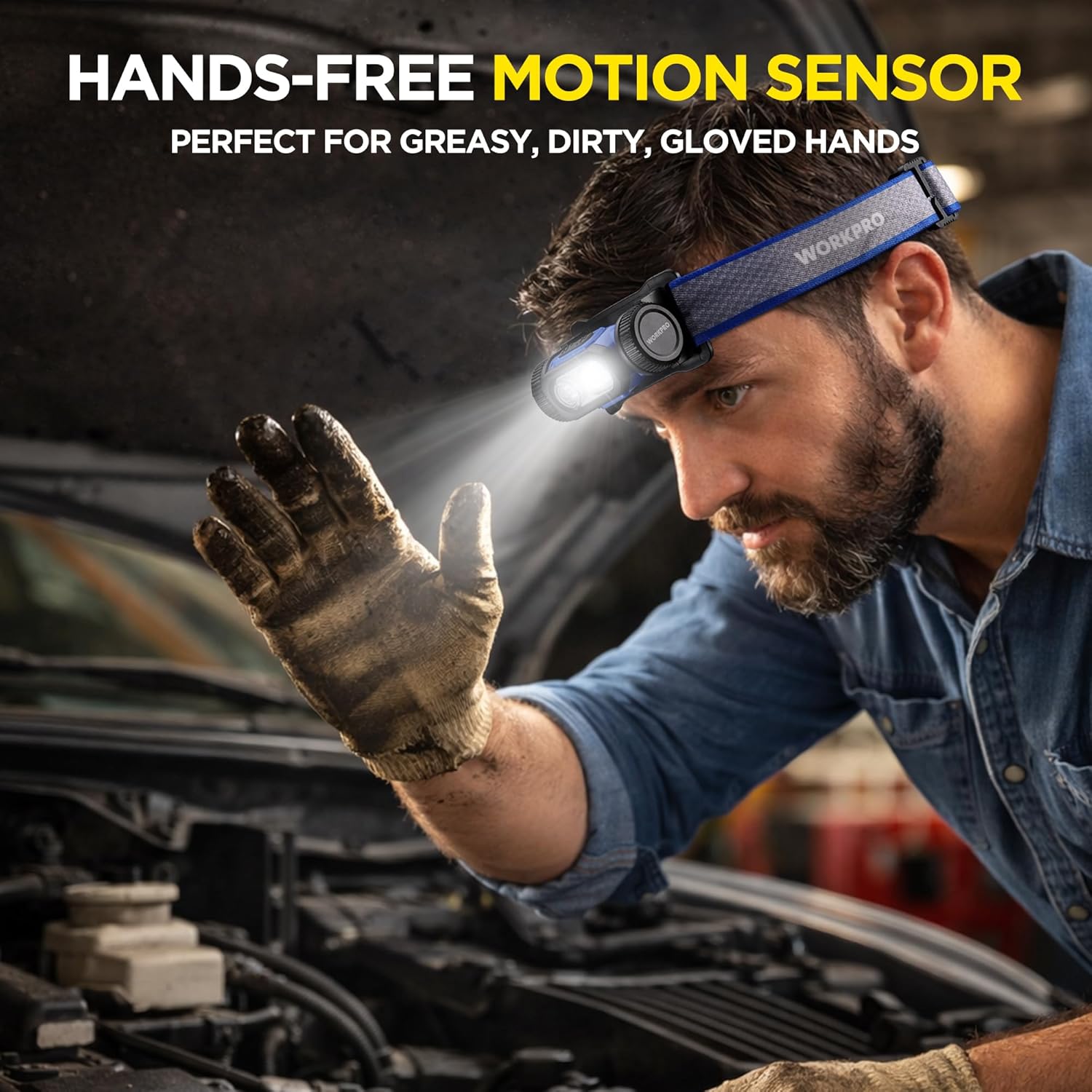 Blue headlamp on a worker’s forehead with bright LED beam and motion-sensor housing
