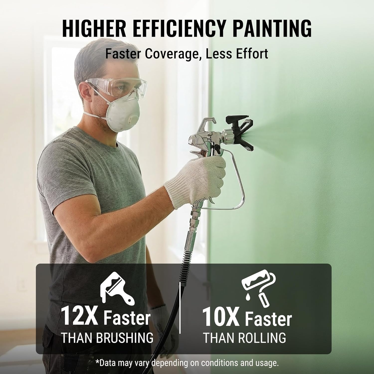 Airless paint sprayer held by a person, applying paint to a wall indoors