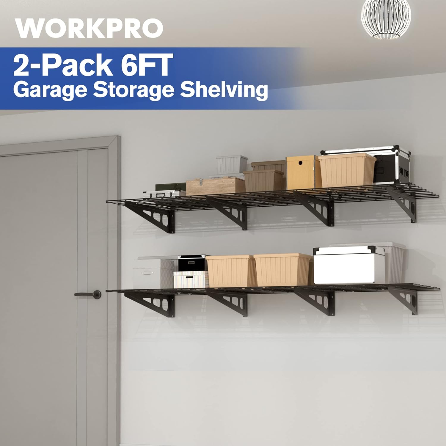 Black metal garage wall shelving with wire grid tiers and brackets, holding storage boxes.