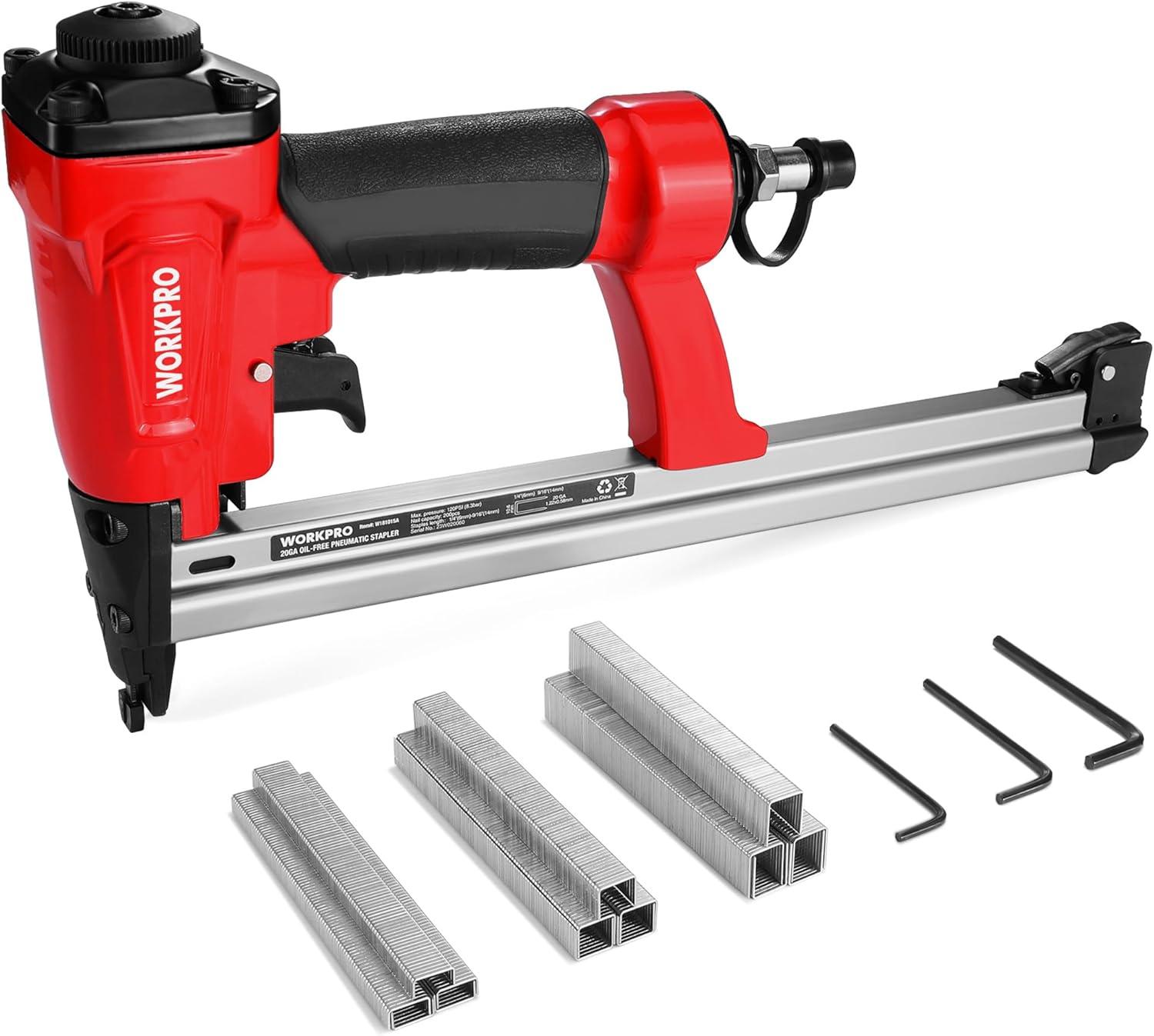 WORKPRO Pneumatic 20 Gauge Staple Gun, Oil-Free T50 Upholstery Stapler with 1260pcs 1/4