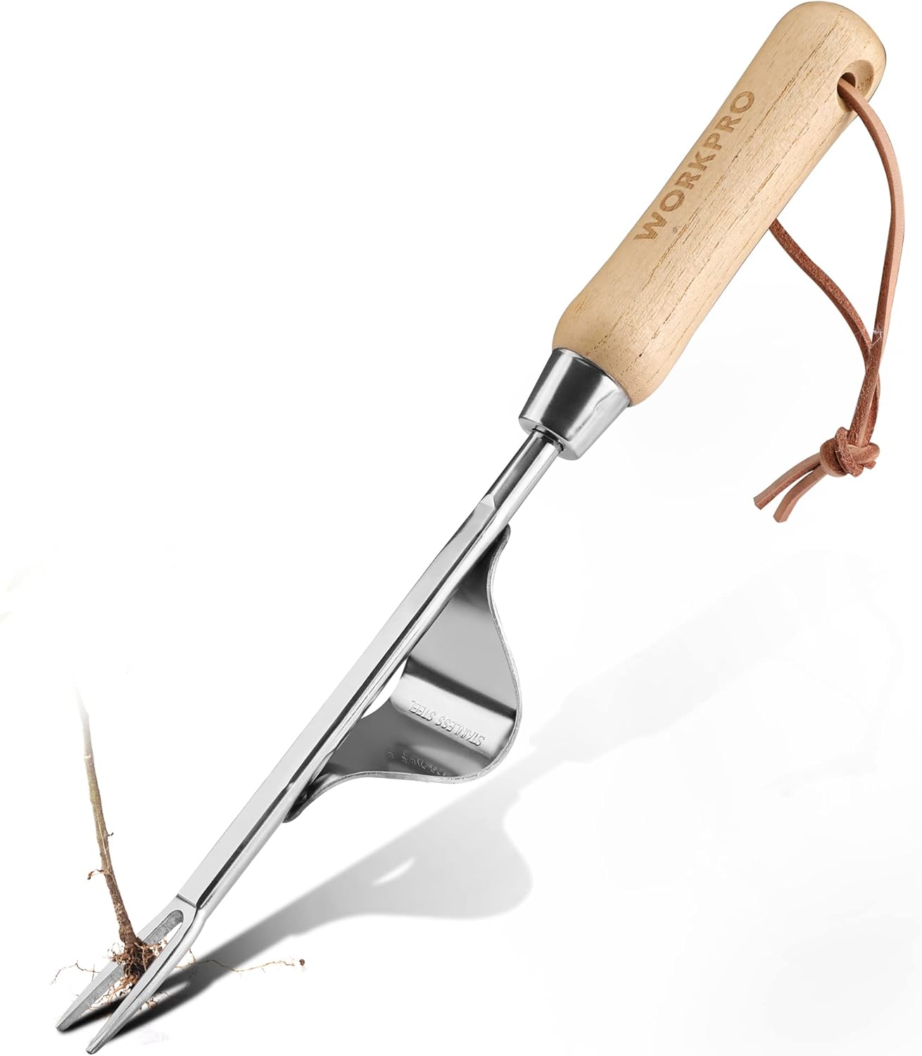 Manual weed puller with wooden handle, stainless steel V-shaped fork, and metal leverage base