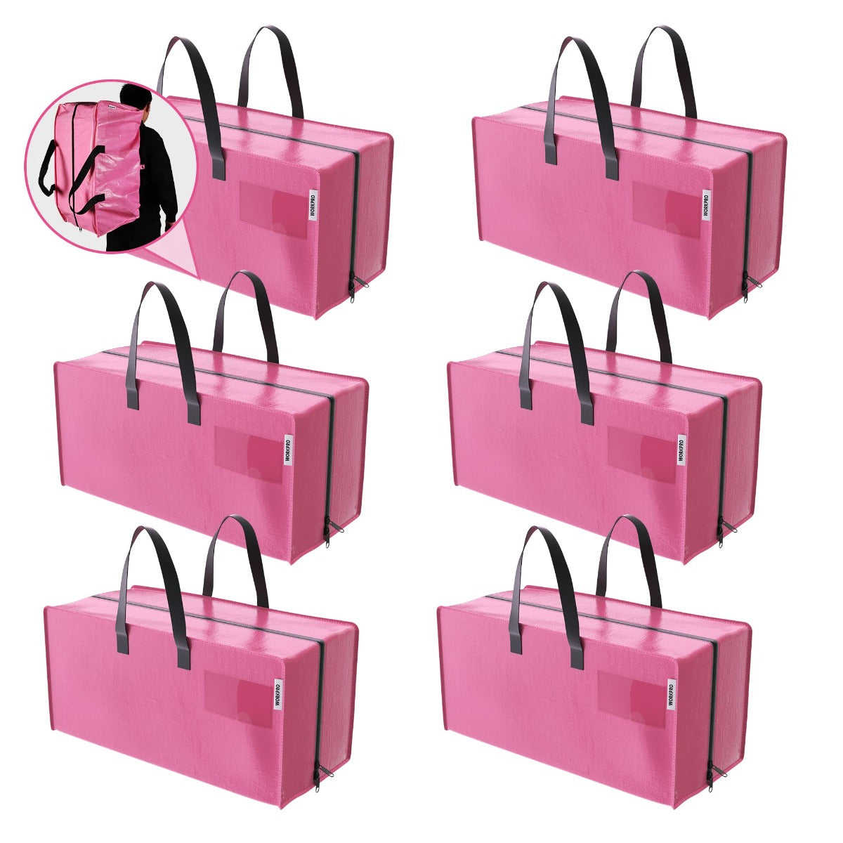 WORKPRO 6 Pack Extra Large Heavy-Duty Storage Moving Tote Bags with Zippers & Carrying Handles Backpack Straps - Pink Ribbon