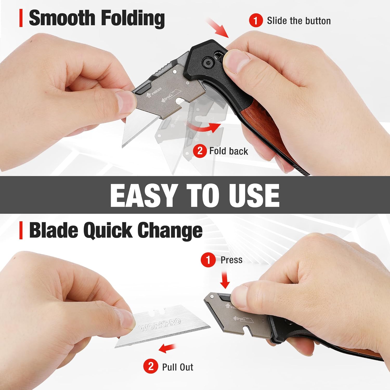 Folding utility knife with quick-change blade and smooth folding mechanism, hands in use
