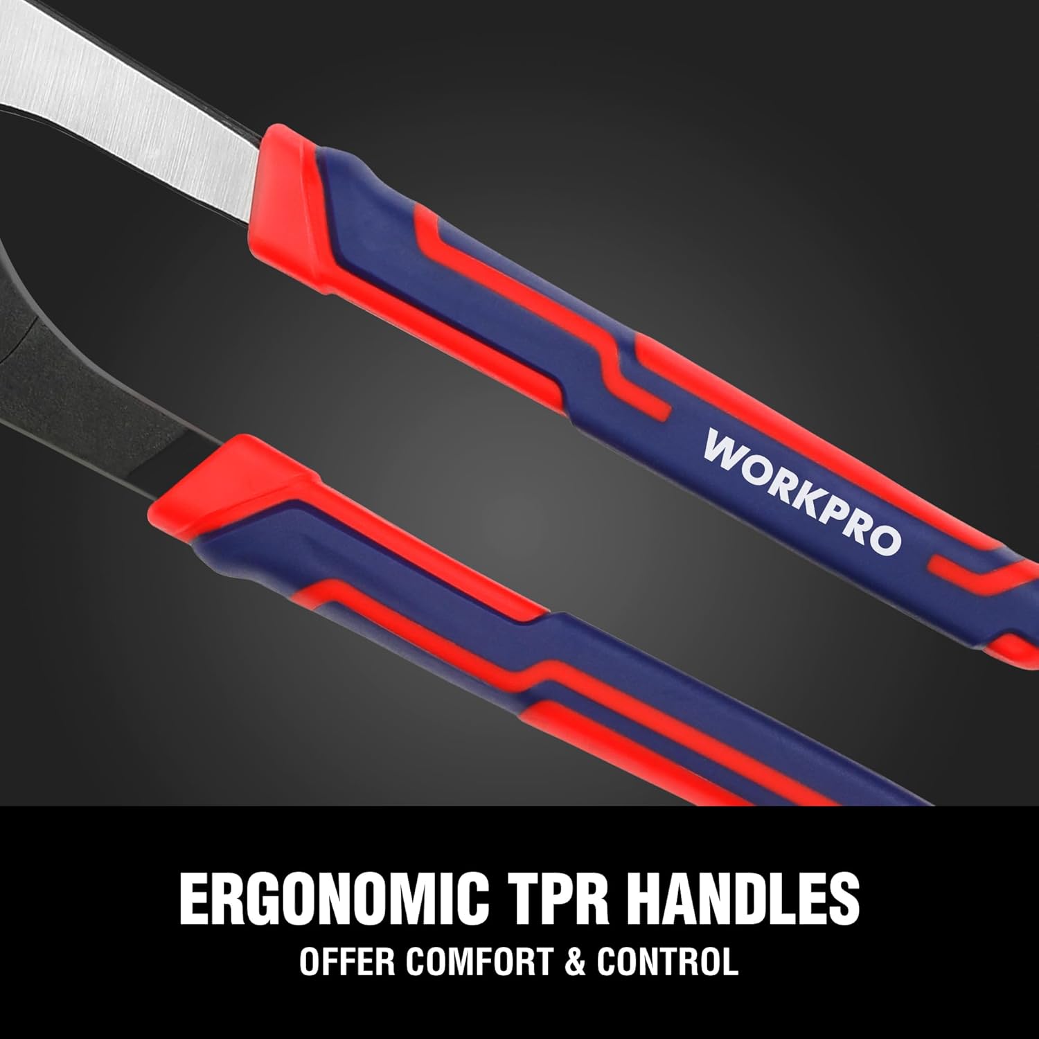 Ergonomic TPR plier handles with blue grips and red accents, WORKPRO branding