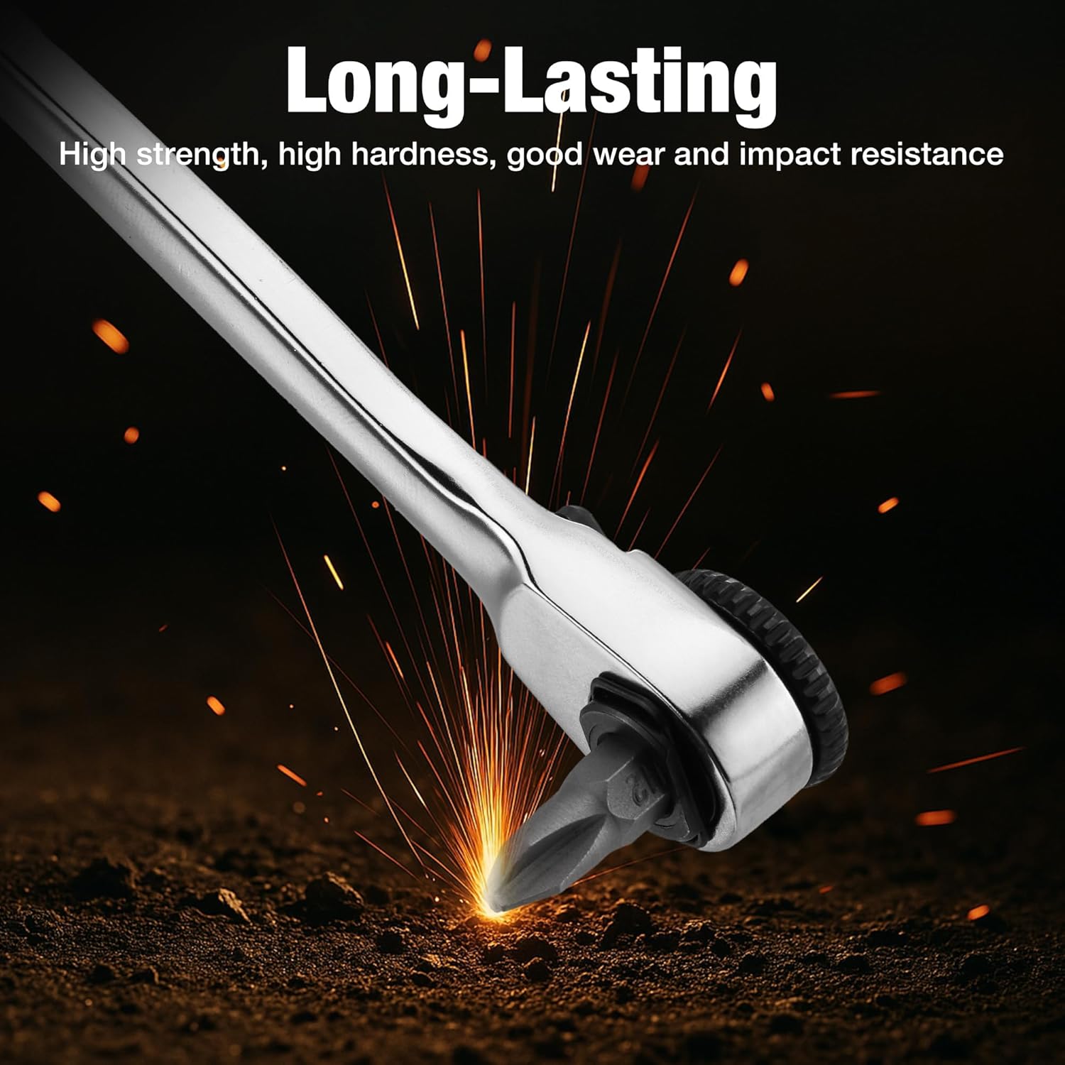 Chrome mini ratchet screwdriver head with black grip, designed for tight spaces