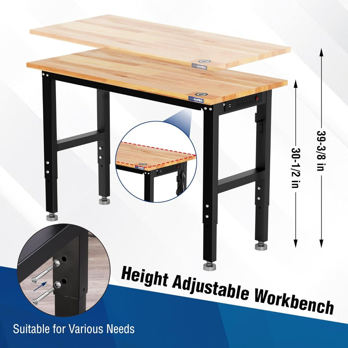 Height-adjustable workbench with rubber wood top, black legs, and caster wheels detail