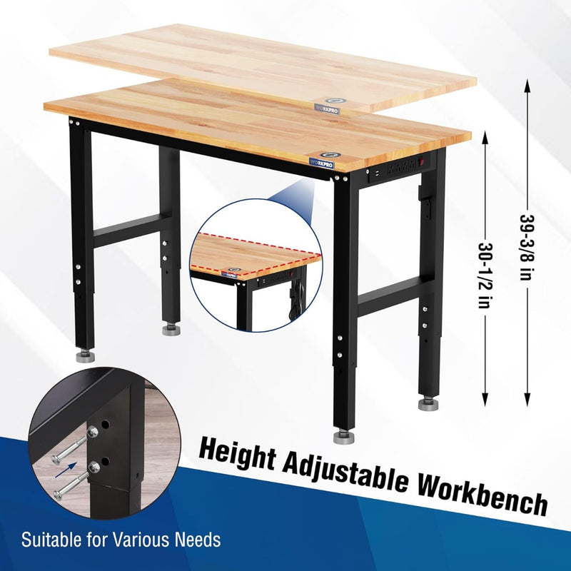 WORKPRO 48"X22" Adjustable Rubber Wood Top Workbench with Casters, Leveling Foot and Power Outlets, 1500 LBS Load Capacity