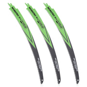 3-pack reciprocating saw blades with green housings and black arc cutting teeth