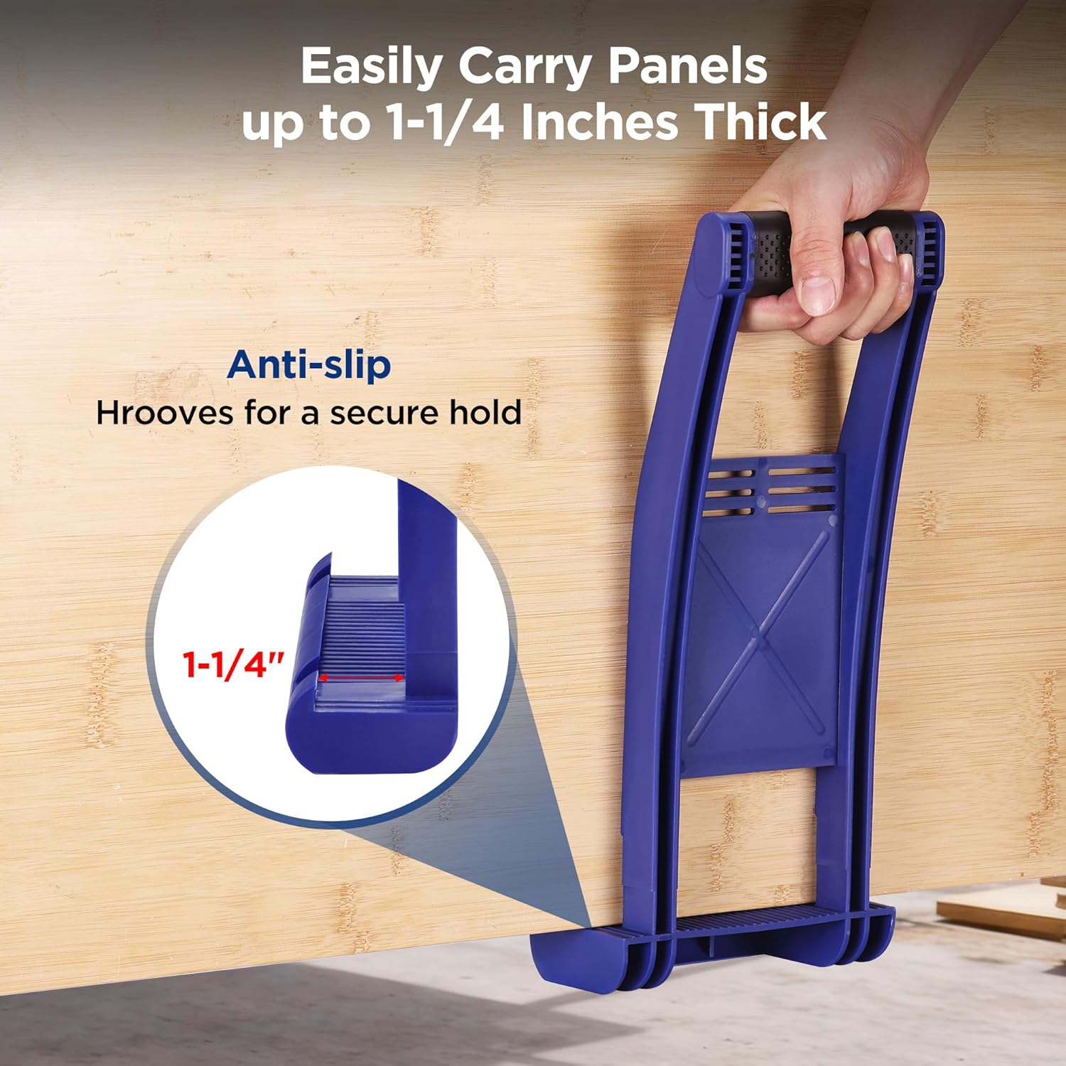 Blue panel mover carrier with grippy grooves and arched handhold frame