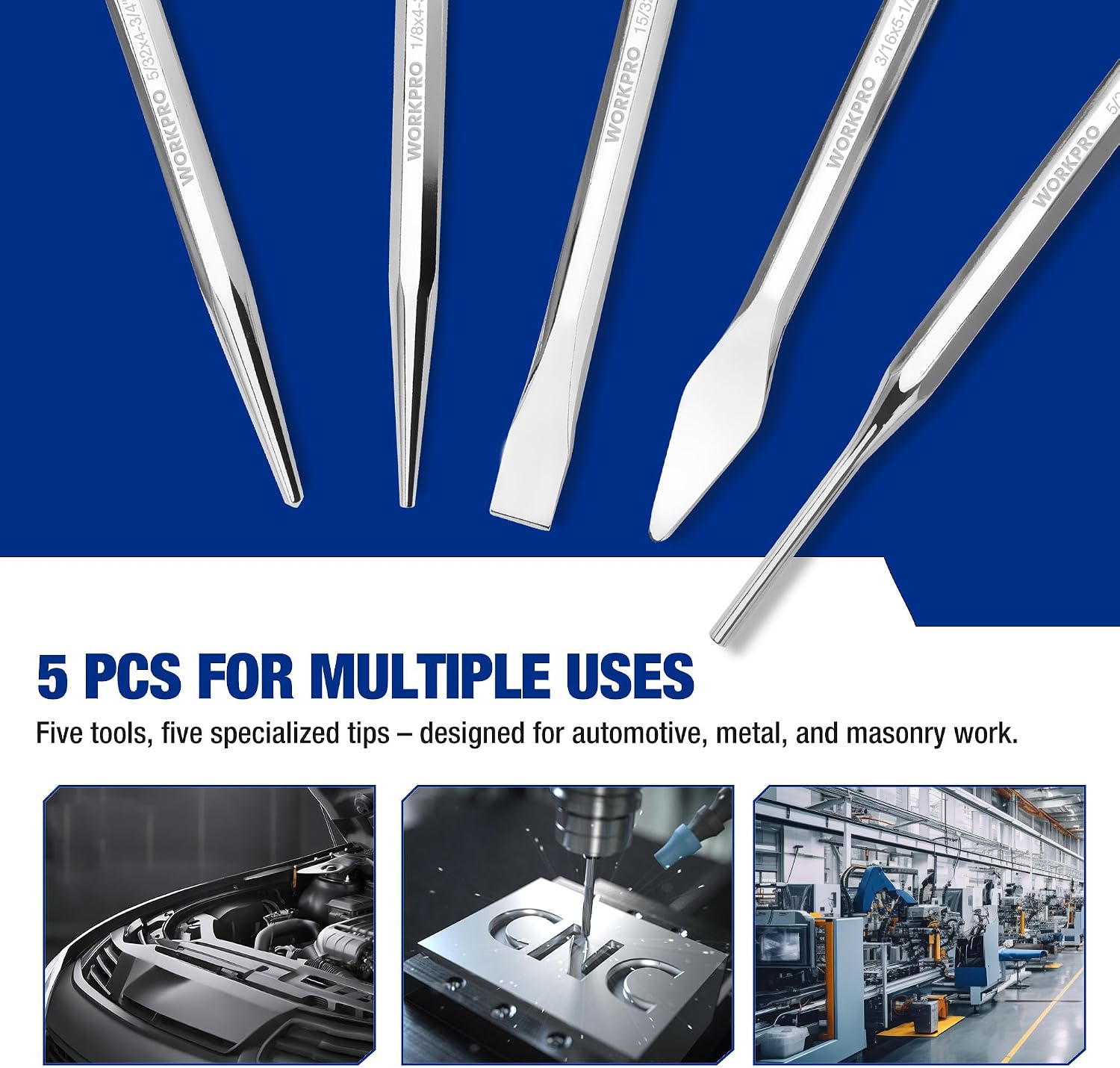 WORKPRO 5-Piece Punch And Chisel Set with storage tray, secure durable quality, laser etched markings
