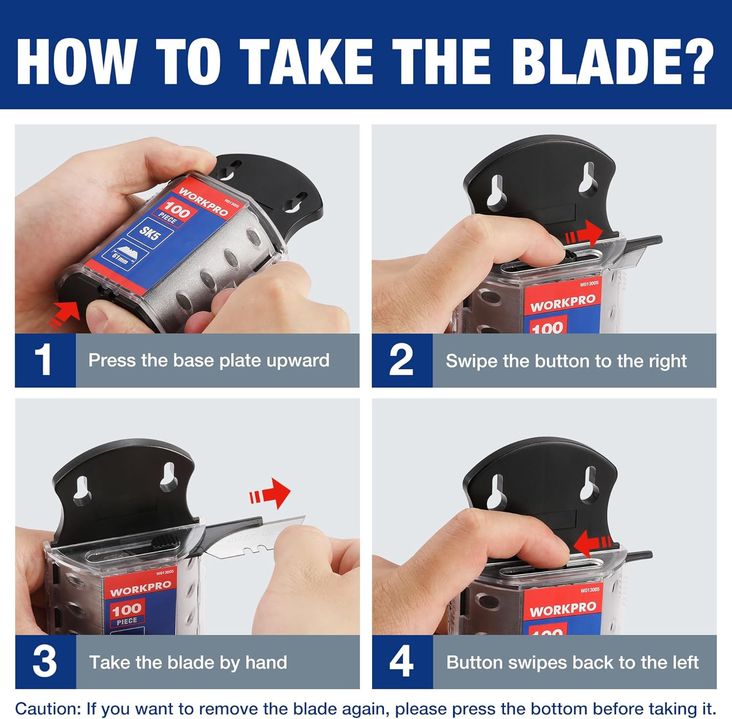 Utility knife blade dispenser with blade-removal step illustrations