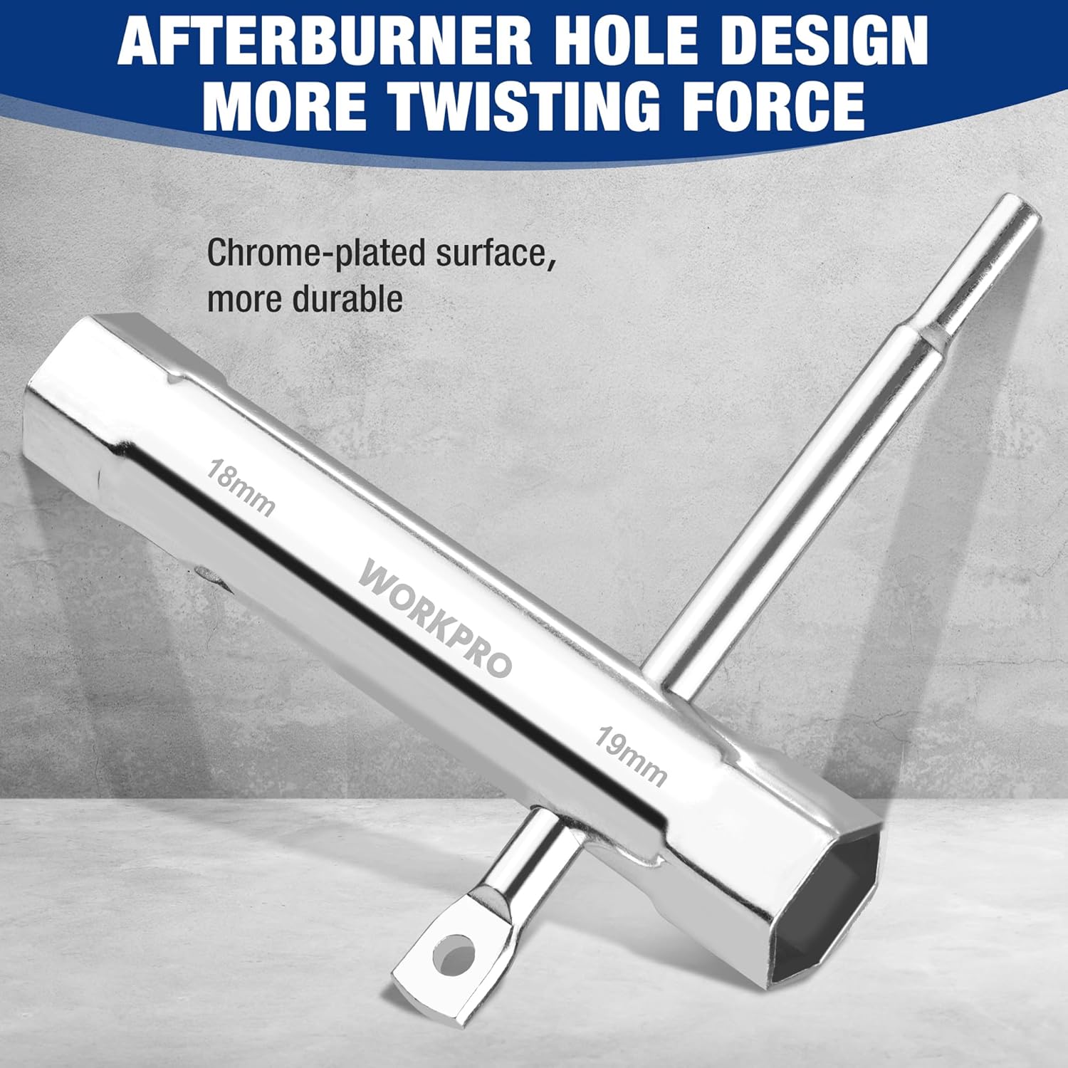 Chrome double-ended shower valve socket wrench with angled head and tommy bar slot.