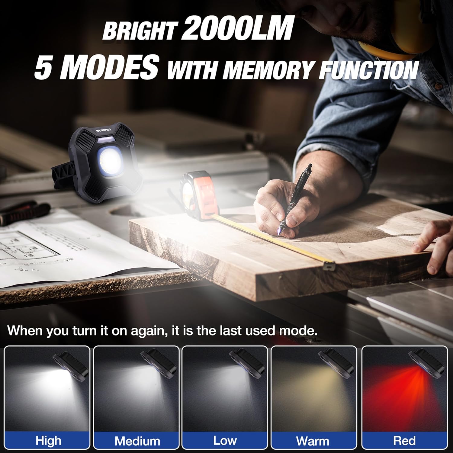 Rechargeable LED work light shining on a workbench, black housing with circular lens