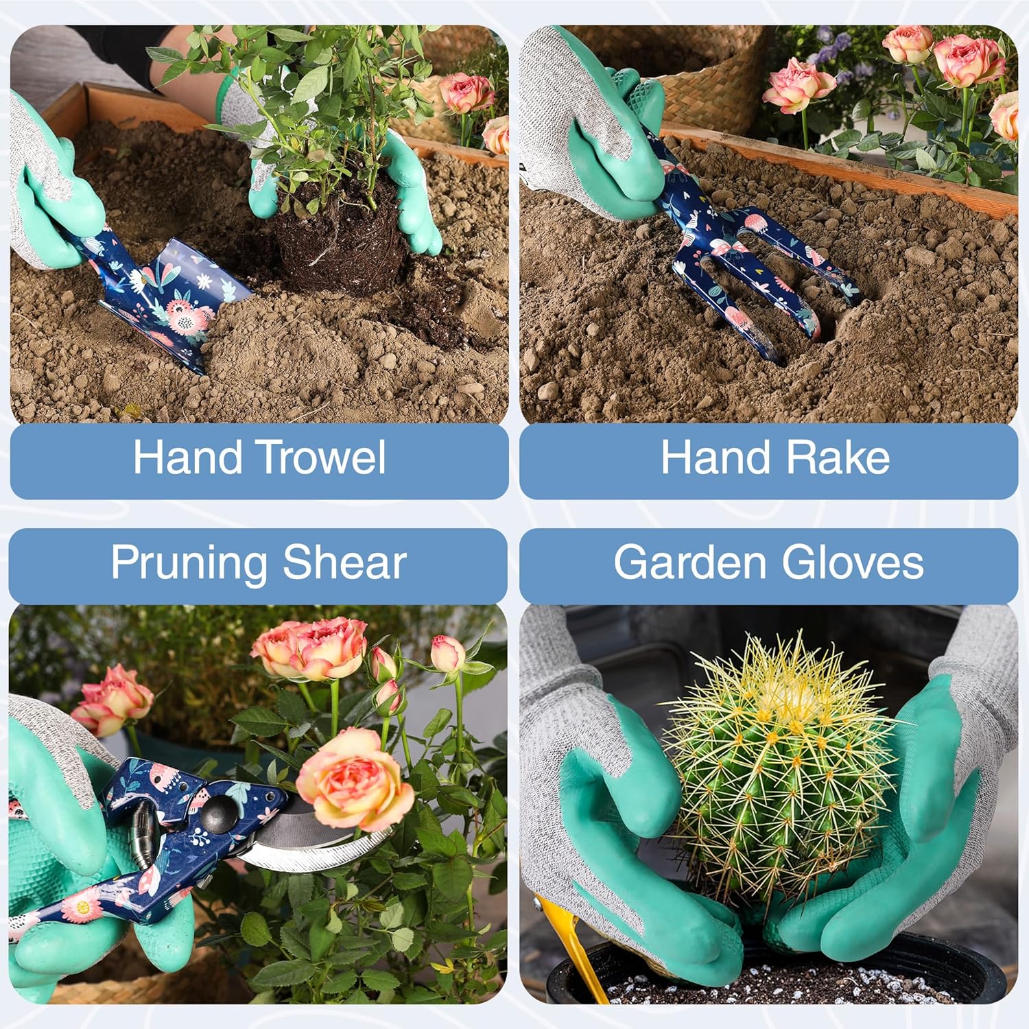 Garden hand tools set with blue floral handles and mint gloves, used in garden soil