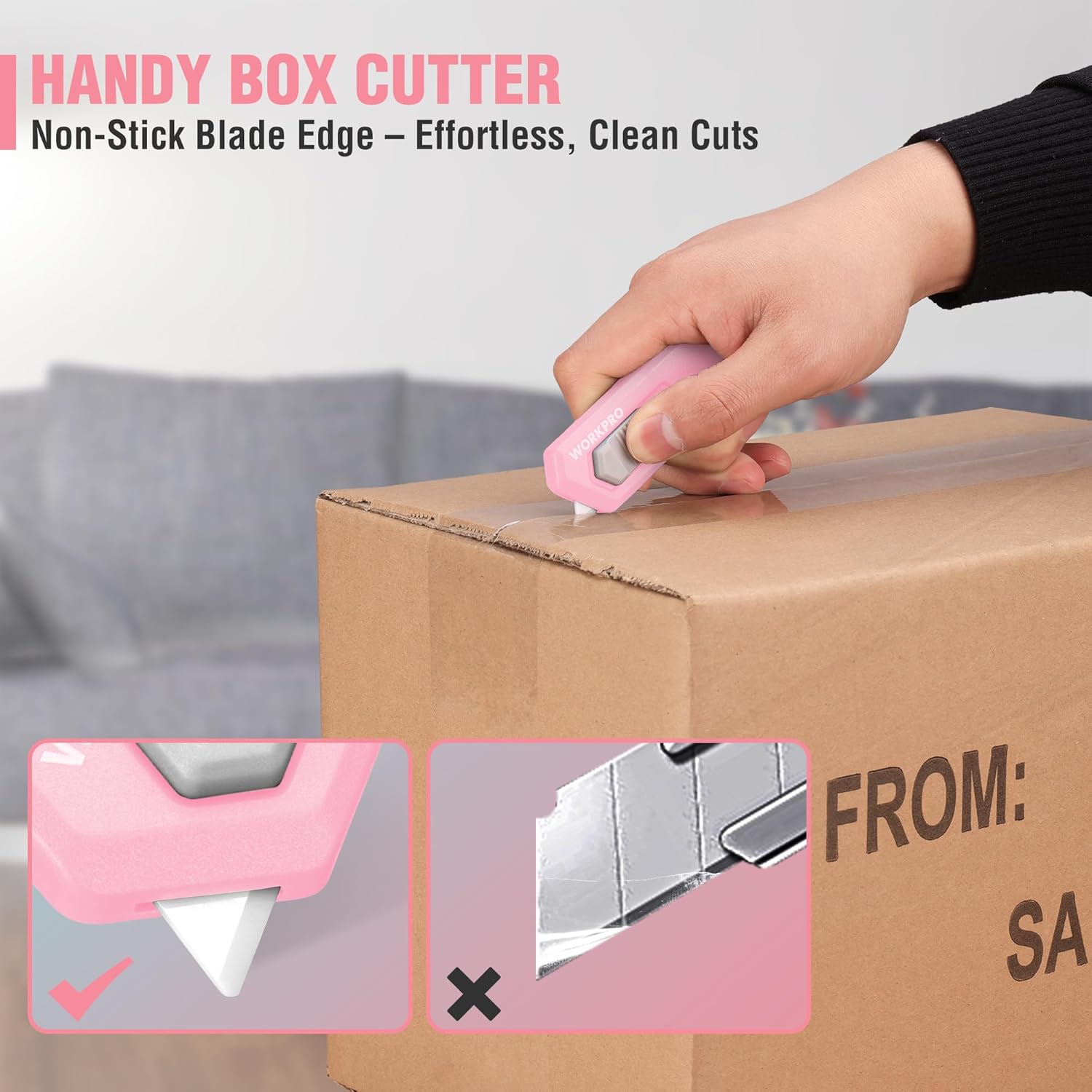 Pink safety box cutter with non-stick blade edge for clean cardboard cuts