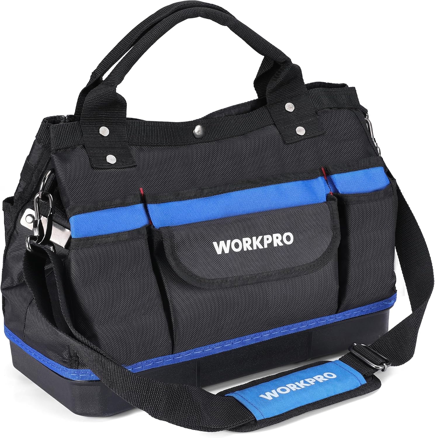 WORKPRO 15-inch Tool Bag, Top Open, Multi-use Tool Tote with Adjustable Shoulder Strap and Waterproof Molded Base, 13 Pockets