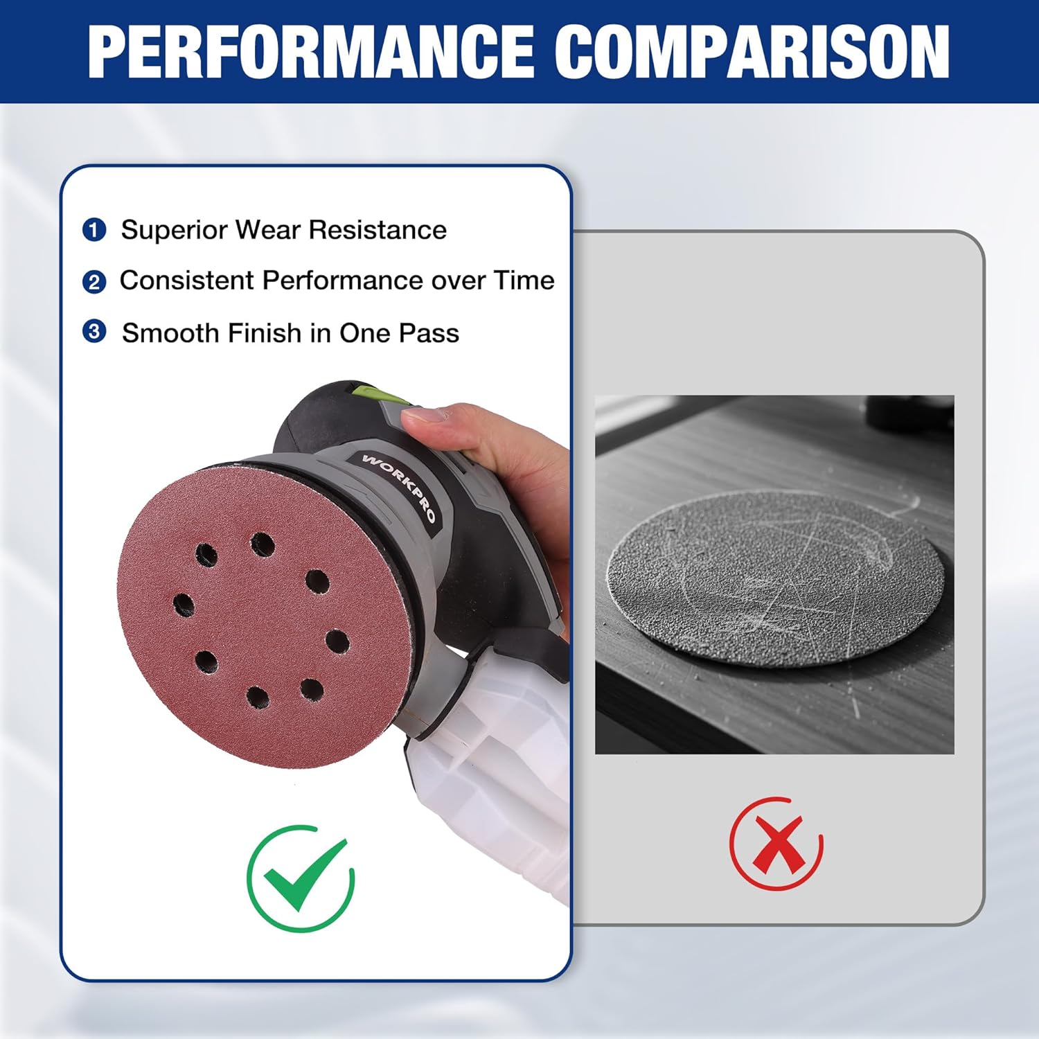 Red 8-hole hook-and-loop sanding disc mounted on an orbital sander pad.