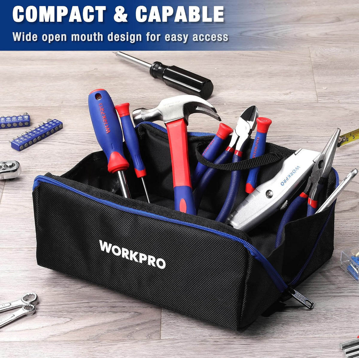 WORKPRO Tool Bag, 10" Wide Mouth Utility Tool Bag with Zipper, Heavy Duty Tool Storage Bag, Multipurpose Tool Case Small Tool Bag for Organizer