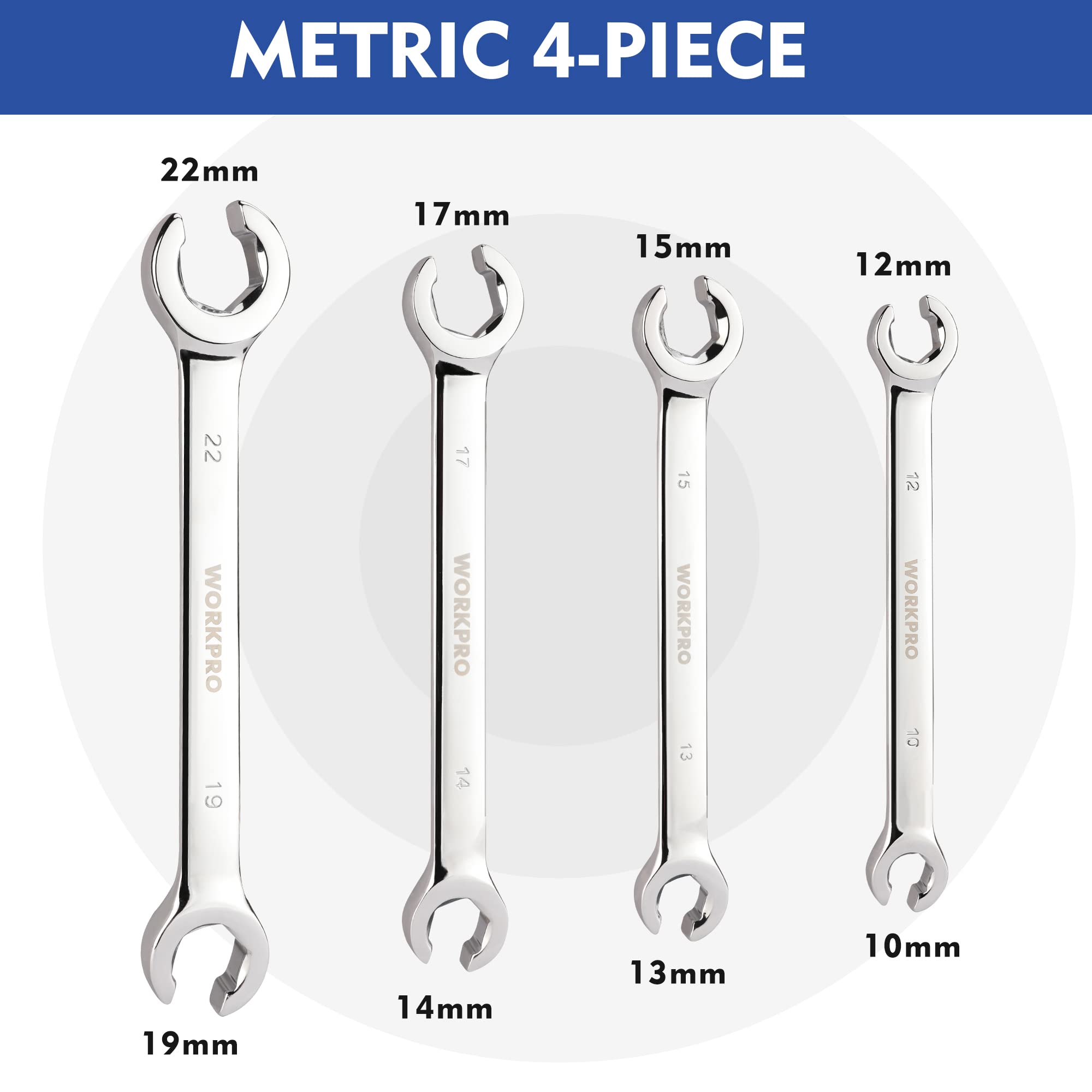 Four chrome metric flare nut wrenches labeled 22, 19, 17, 15, 14, 13, 12, 10 mm