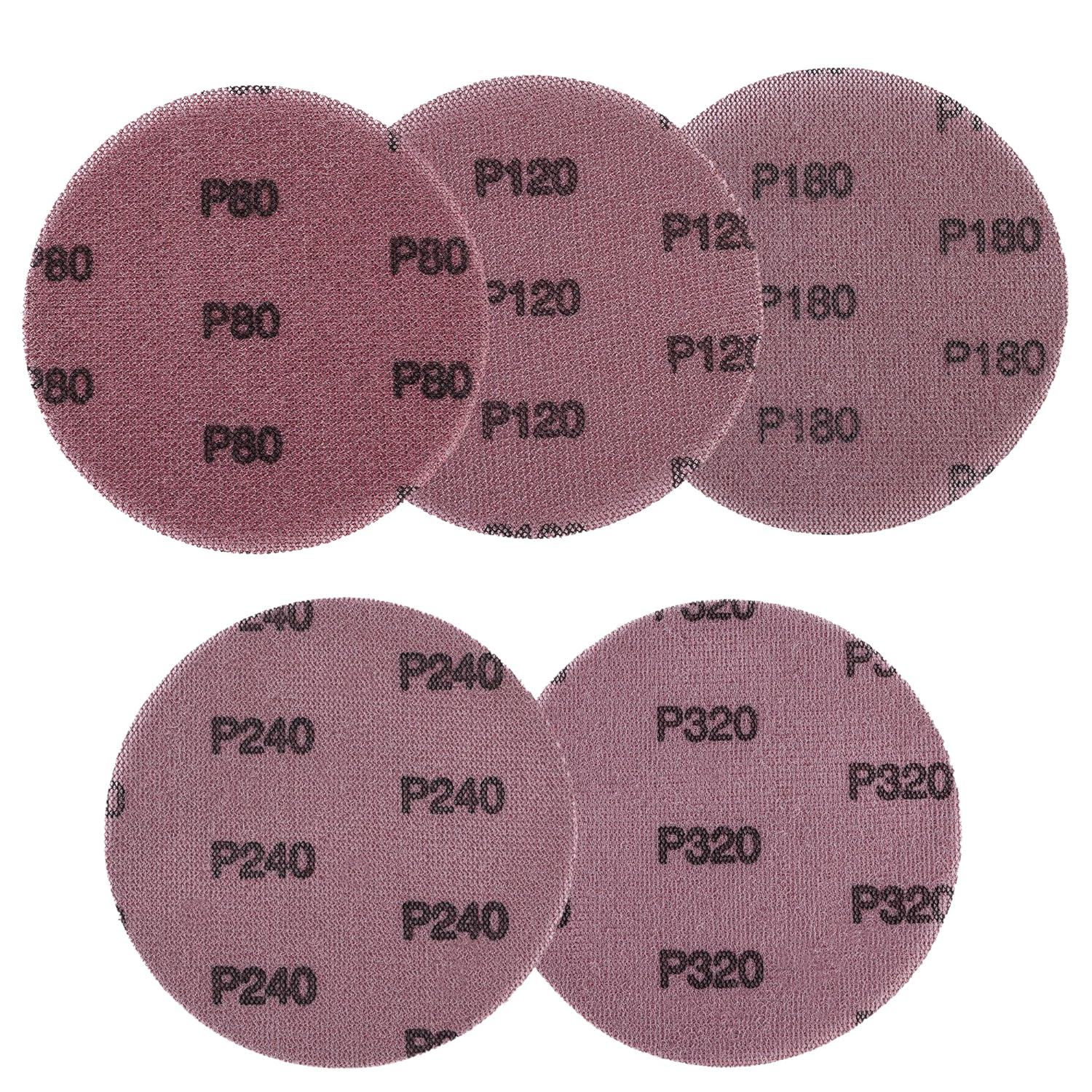Hook-and-loop sanding discs, purple-brown, with printed grit numbers (P80–P320)