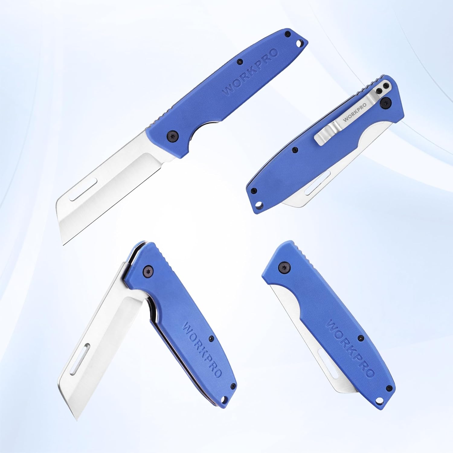 Set of blue folding utility knives with stainless plain edge blades