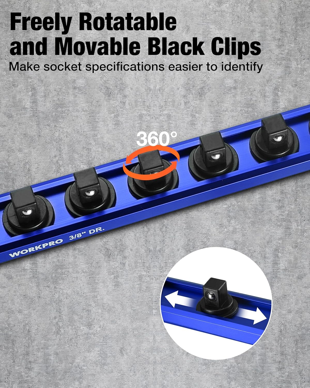 Blue socket rail with freely rotatable black clips for easier socket identification