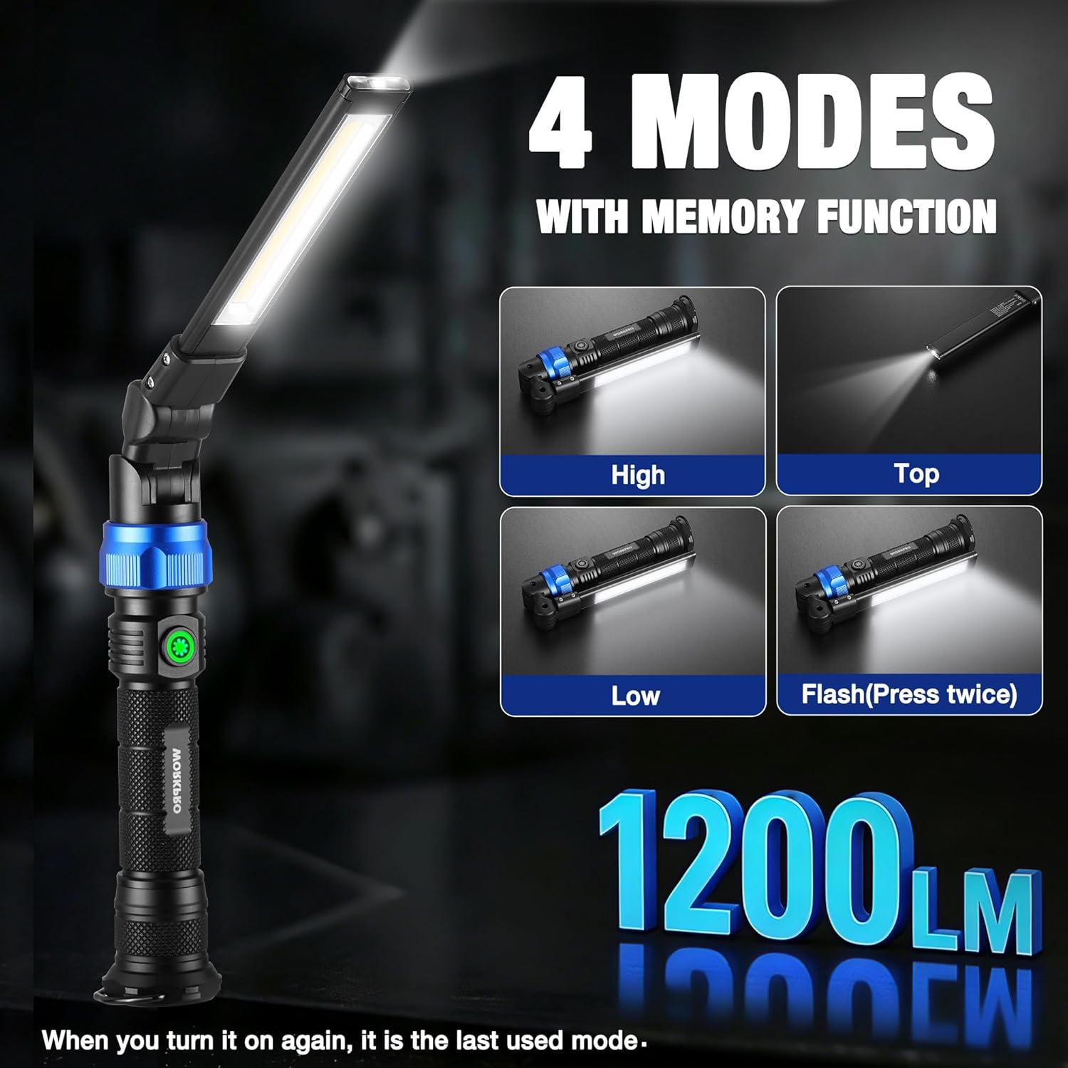 Foldable rechargeable LED work light with blue ring, raised lamp head, and control button.