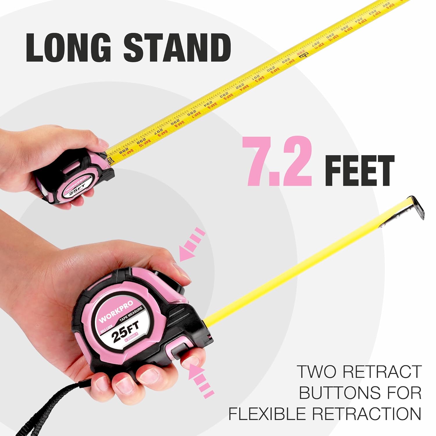 Pink WORKPRO tape measure with extended yellow blade and two auto-lock retract buttons