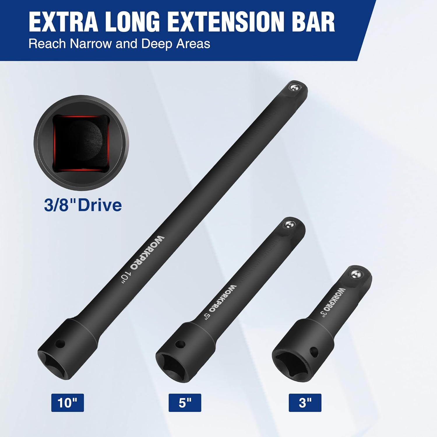 3/8-inch drive impact extension bar set in black, lengths 10", 5", and 3"