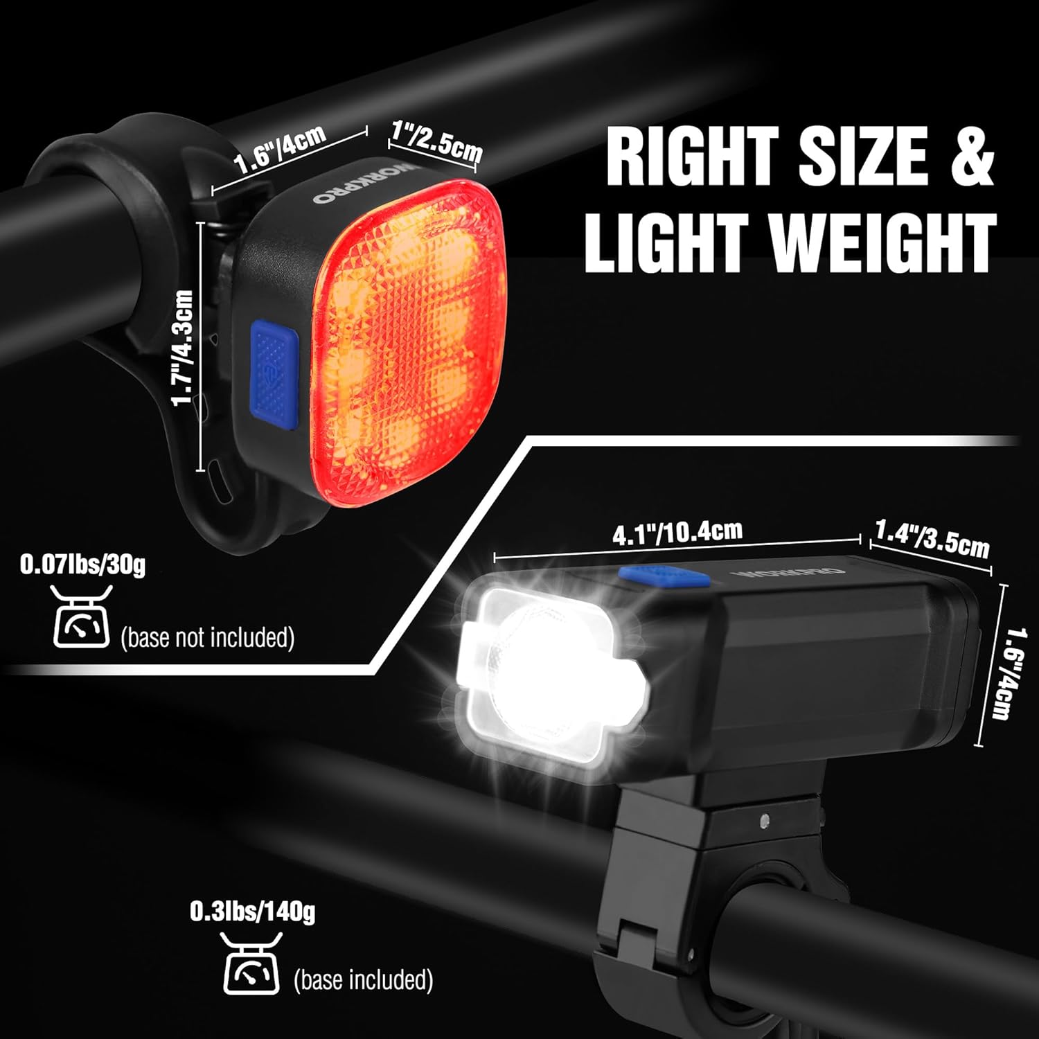 Rechargeable bike light set with front white headlight and rear red taillight, shown with size details
