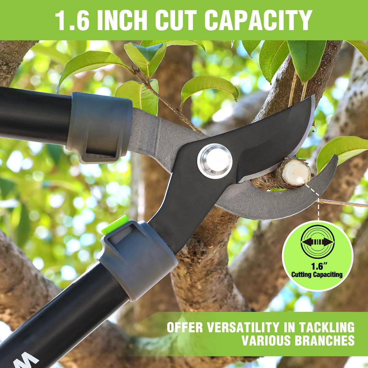 Bypass lopper with 1.6-inch cutting capacity head and black-green accents