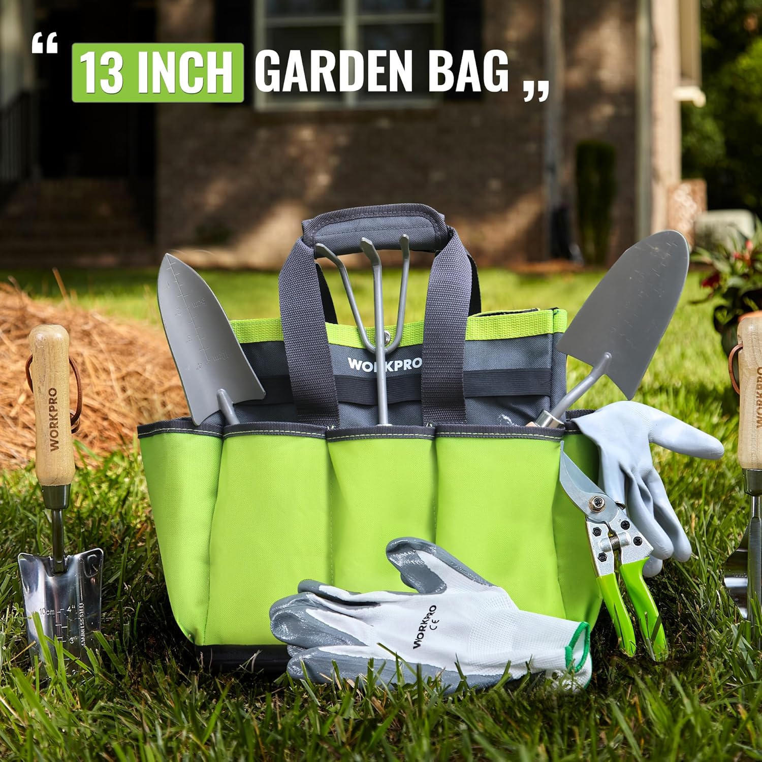 Green garden tool bag with gray plastic organizer bottom and included gloves.