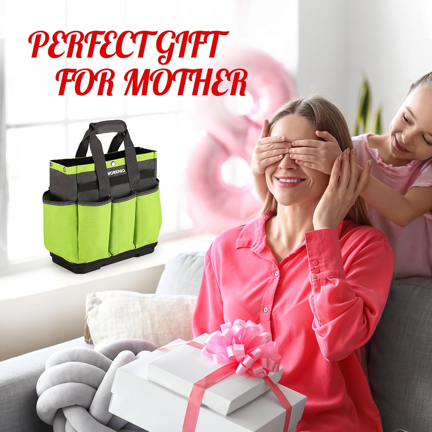 Green garden tool bag on display as a gift for mothers, with handle and pockets.