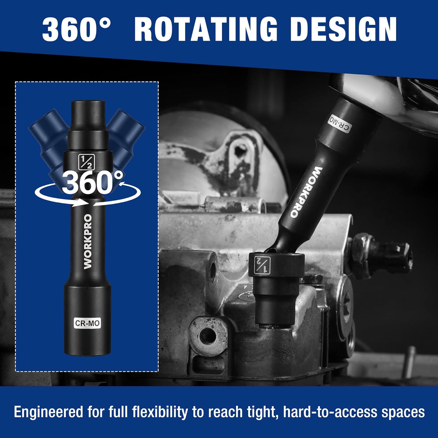 360° rotating swivel driveline socket with black CR-MO steel head