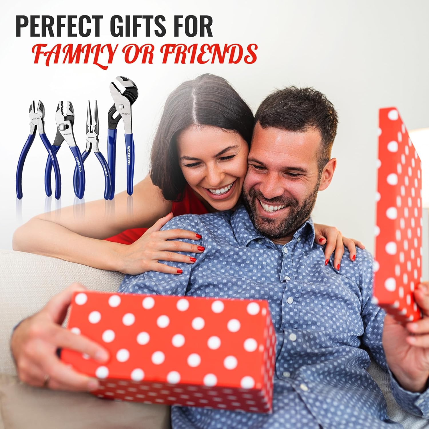 Assorted pliers tools with blue handles for home or electrical work; gift-ready set.